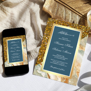 Gold Glitter Marble Dusty Blue Muslim Wedding Invitation