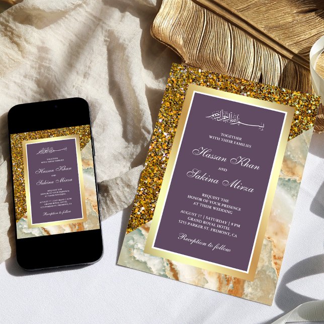 Gold Glitter Marble Dusty Purple Muslim Wedding Invitation (Creator Uploaded)