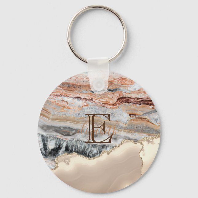 Gold Glitter Marble Stone Monogram Key Ring (Front)