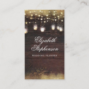 Gold Glitter Mason Jar Lights Rustic Country Wood Business Card