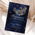 gold glitter masquerade mask navy blue Sweet 16 Invitation<br><div class="desc">A modern,  chic and glamourous sweet sixteen with a hand drawn gold glitter masquerade mask with gold glitter diamond sparkles on a dark navy blue watercolor background.</div>