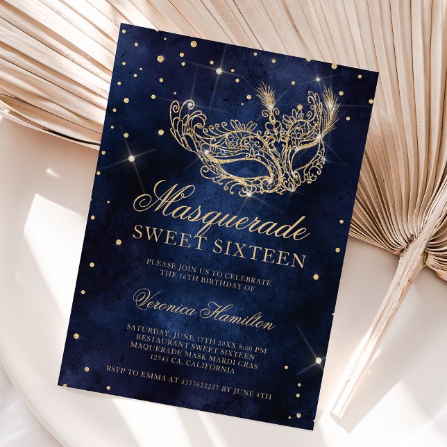 gold glitter masquerade mask navy blue Sweet 16 Invitation (Creator Uploaded)