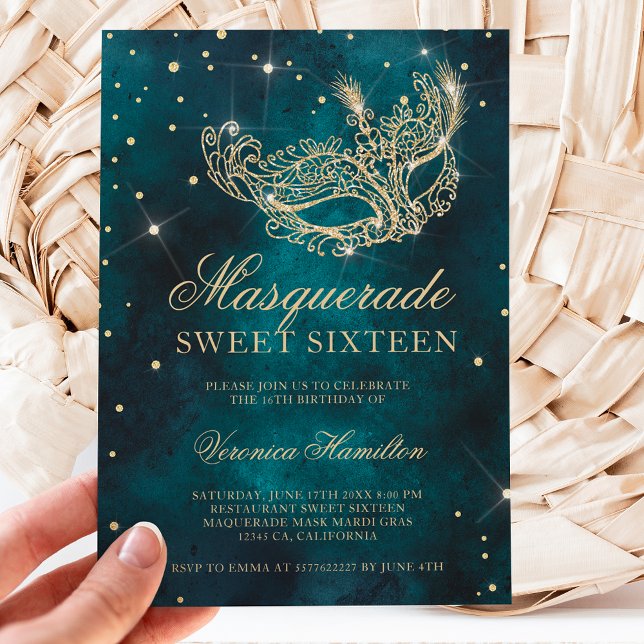 gold glitter masquerade mask teal green Sweet 16 Invitation (Creator Uploaded)