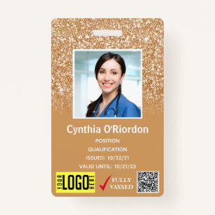 Gold Glitter Medical Photo ID QR Barcode Badge ID Badge