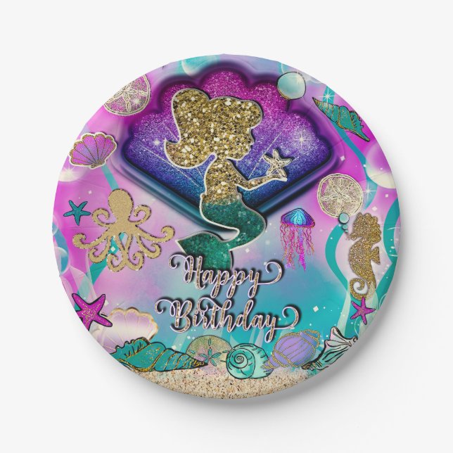 Gold glitter Mermaid & Shells Under the Sea Party Paper Plate (Front)