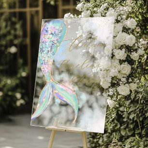 Gold Glitter Mermaid Tail 1st Birthday Welcome Acrylic Sign