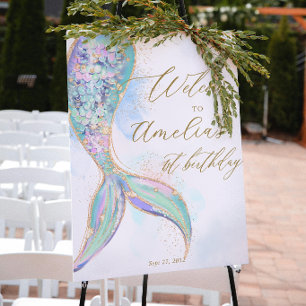 Gold Glitter Mermaid Tail 1st Birthday Welcome Poster