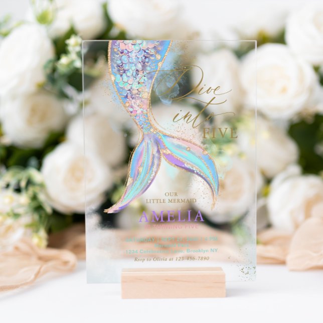 Gold Glitter Mermaid Tail Dive into Kids Birthday Acrylic Invitations (Creator Uploaded)