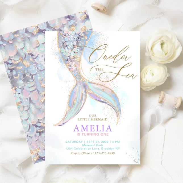 Gold Glitter Mermaid Tail ONEder the Sea Birthday Invitation (Creator Uploaded)