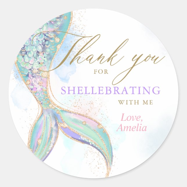 Gold Glitter Mermaid Tail Thank You Birthday Classic Round Sticker (Front)