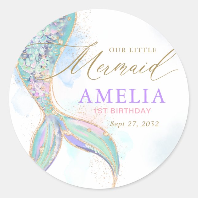 Gold Glitter Mermaid Tail Under the Sea Birthday Classic Round Sticker (Front)