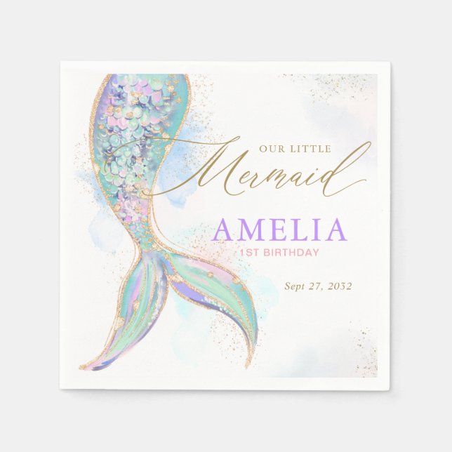 Gold Glitter Mermaid Tail Under the Sea Birthday Napkin (Front)