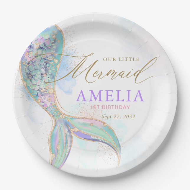 Gold Glitter Mermaid Tail Under the Sea Birthday Paper Plate (Front)