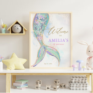 Gold Glitter Mermaid Tail Under the Sea Welcome Poster
