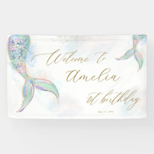 Gold Glitter Mermaid Tail Welcome 1st Birthday Banner