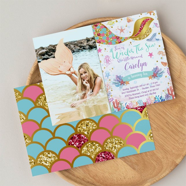 Gold Glitter|Mermaid Under The Sea Birthday Photo Invitation (Creator Uploaded)