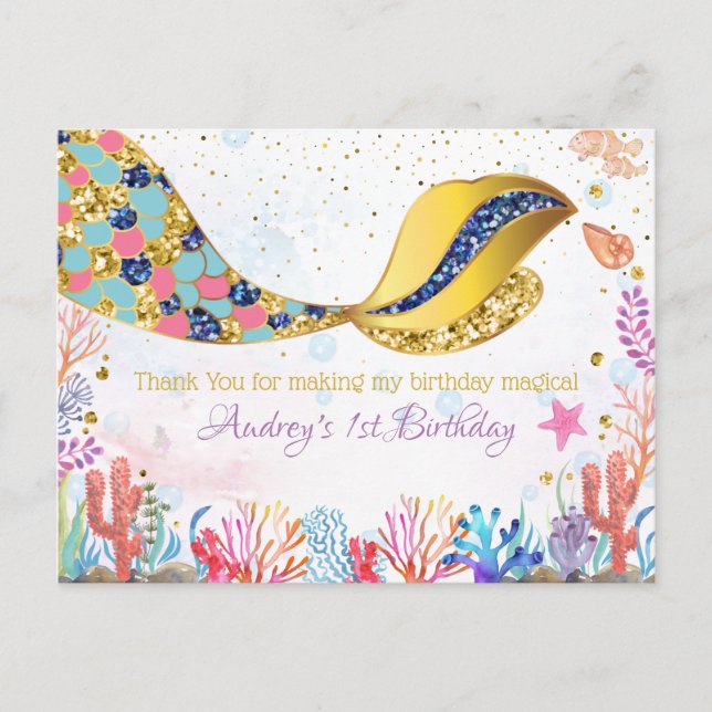 Gold Glitter|Mermaid Under The Sea Thank You Card (Front)