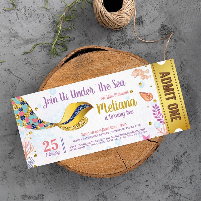 Gold Glitter Mermaid Under The Sea Ticket Pass Invitation (Creator Uploaded)