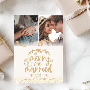 Gold Glitter Merry and Married 2 Photo Holiday Card