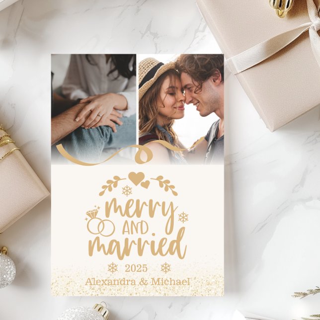 Gold Glitter Merry and Married 2 Photo  Holiday Card (Creator Uploaded)