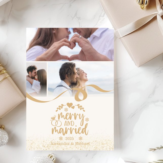 Gold Glitter Merry and Married 3 Photo Holiday Card (Creator Uploaded)