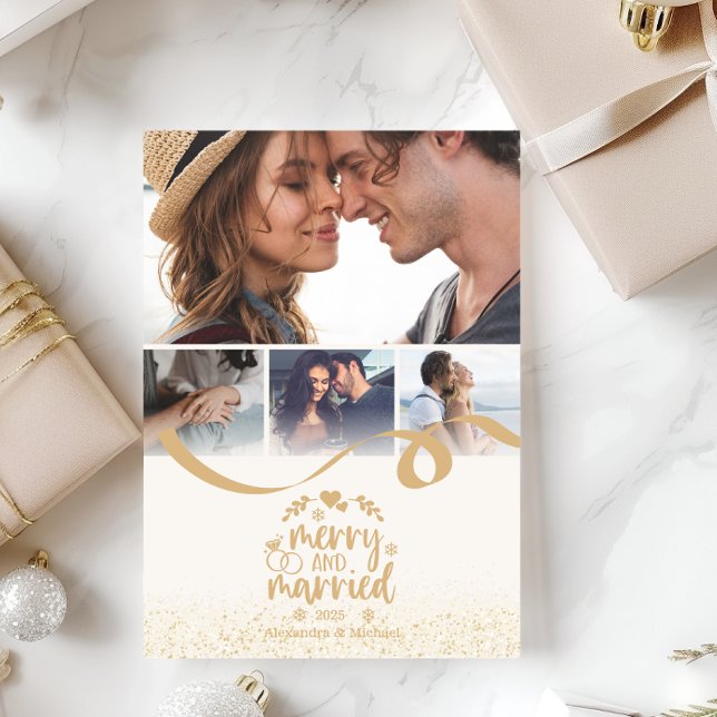Gold Glitter Merry and Married 4 Photo Holiday Card (Creator Uploaded)