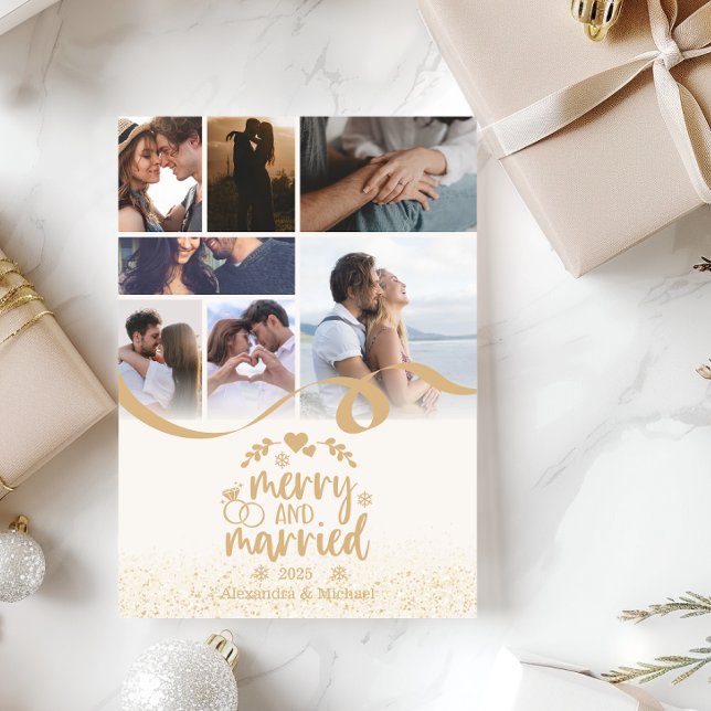 Gold Glitter Merry and Married 7 Photo Holiday Card (Creator Uploaded)