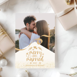 Gold Glitter Merry and Married Photo Holiday Card