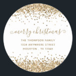 Gold Glitter Merry Christmas Name Return Address Classic Round Sticker<br><div class="desc">Gold Glitter Merry Christmas Name Return Address. Easily personalise the text.</div>