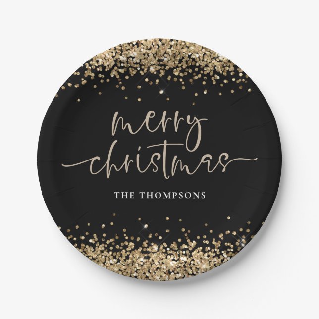 Gold Glitter Merry Christmas Party Black Paper Plate (Front)