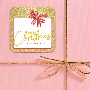 Gold Glitter Merry Christmas Red Bow Festive Square Sticker