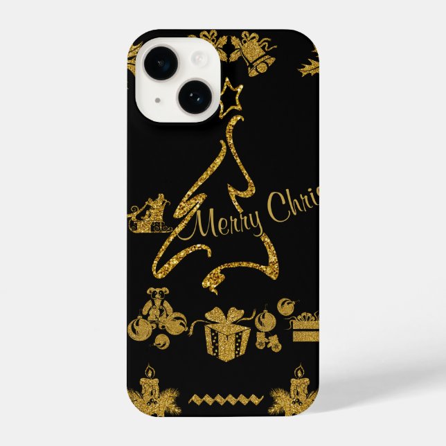 Gold Glitter Merry Christmas, Santa Claus iPhone Case (Back)