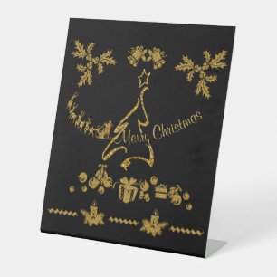 Gold Glitter Merry Christmas, Santa Claus Pedestal Sign