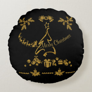 Gold Glitter Merry Christmas, Santa Claus Round Cushion