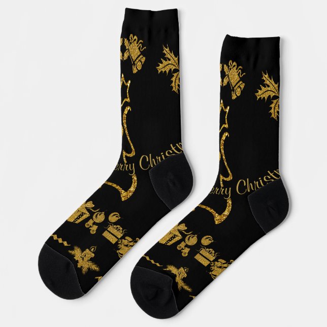 Gold Glitter Merry Christmas, Santa Claus Socks (Left)
