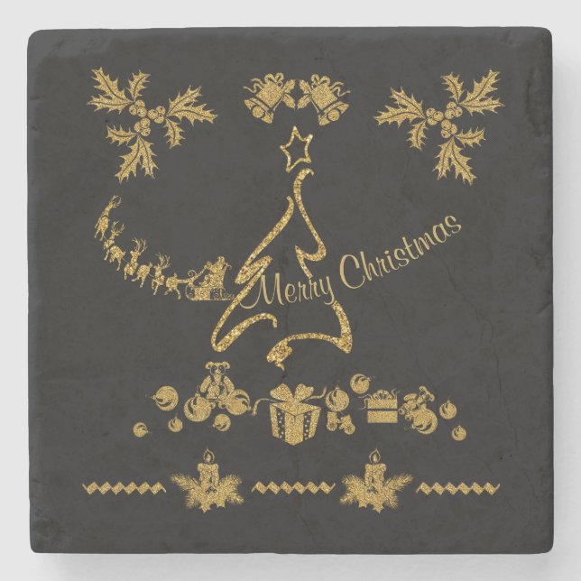 Gold Glitter Merry Christmas, Santa Claus Stone Coaster (Front)