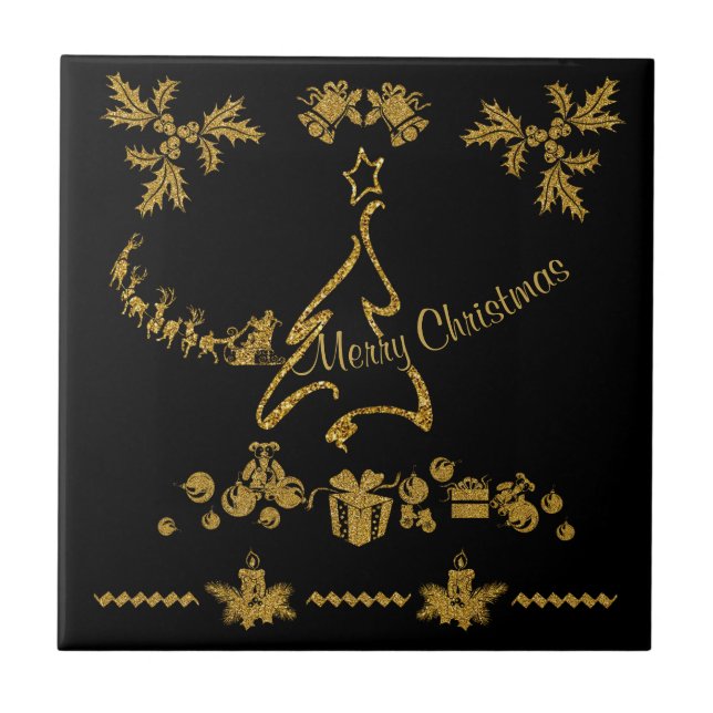 Gold Glitter Merry Christmas, Santa Claus Tile (Front)