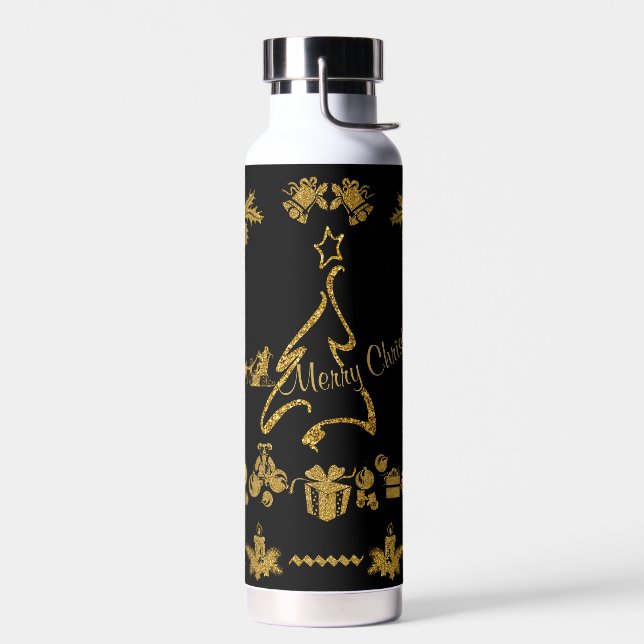 Gold Glitter Merry Christmas, Santa Claus Water Bottle (Left)