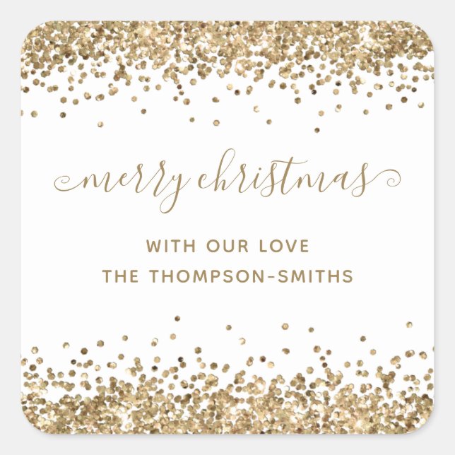 Gold Glitter Merry Christmas Script Names White  Square Sticker (Front)