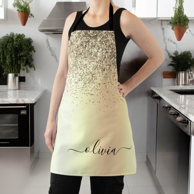Gold Glitter Metal Monogram Glam Name Apron (Creator Uploaded)