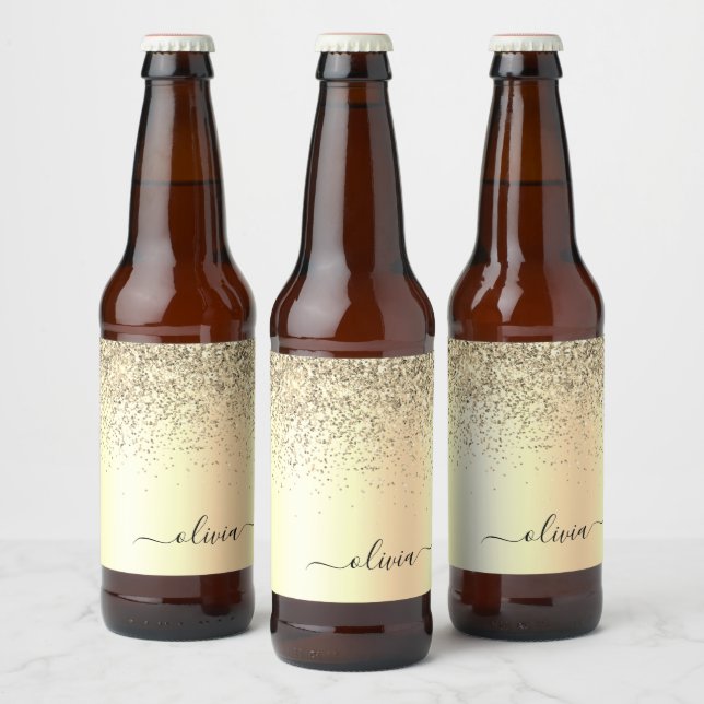 Gold Glitter Metal Monogram Glam Name Beer Bottle Label (Bottles)