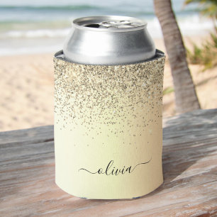 Gold Glitter Metal Monogram Glam Name Can Cooler