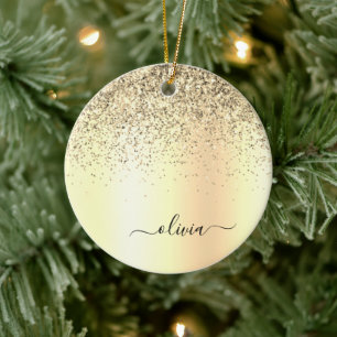 Gold Glitter Metal Monogram Glam Name Ceramic Tree Decoration
