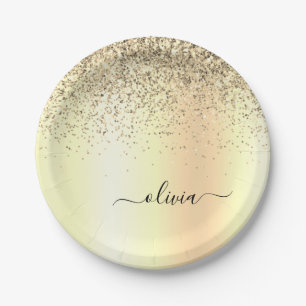 Gold Glitter Metal Monogram Glam Name Paper Plate
