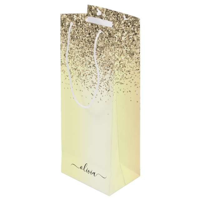 Gold Glitter Metal Monogram Glam Name Wine Gift Bag (Back Angled)