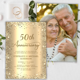 Gold Glitter Metal Photo 50th Wedding Anniversary Invitation