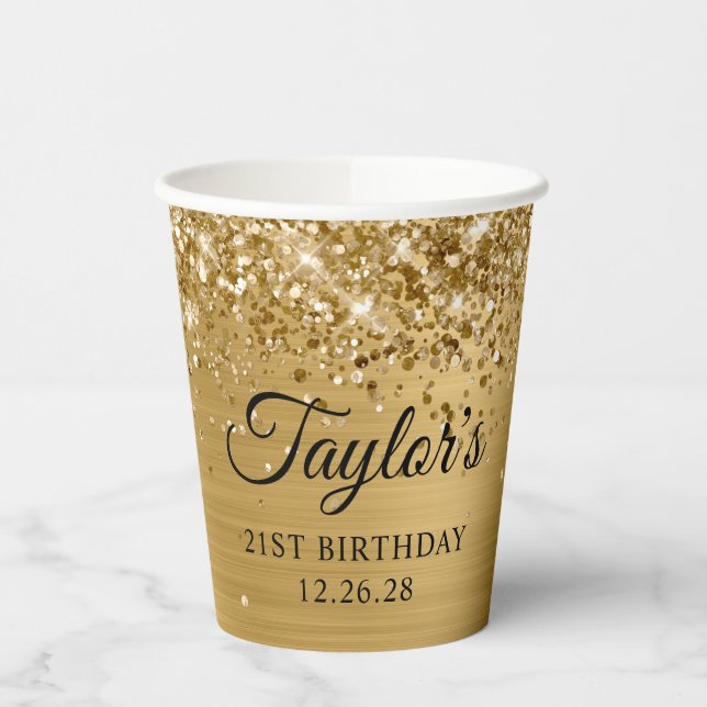 Gold Glitter Metallic 21st Birthday Paper Cups (Left)