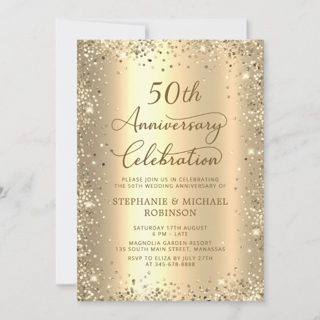 Gold Glitter Metallic 50th Wedding Anniversary Invitation (Front)