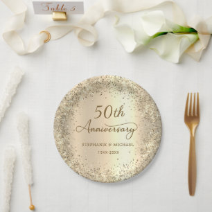 Gold Glitter Metallic 50th Wedding Anniversary  Paper Plate