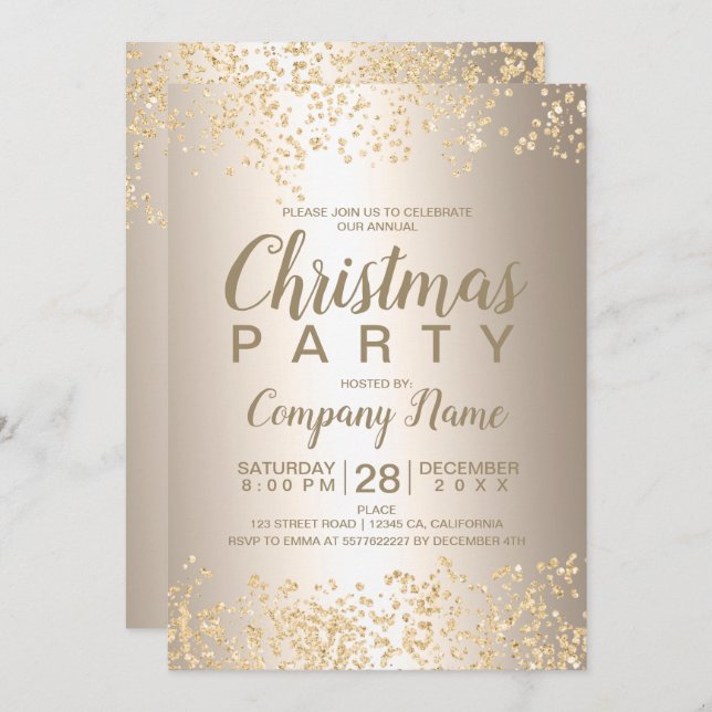 Gold glitter metallic corporate Christmas party Invitation (Front/Back)